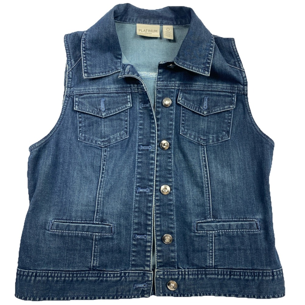 Chico's Platinum Denim Vest Womens Size 0 Bling Buttons Pockets